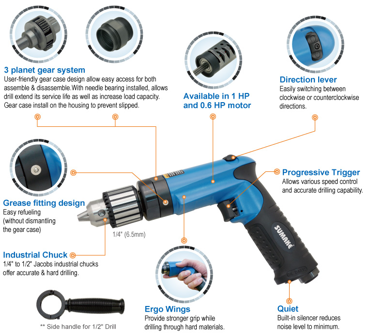 1/2" Industrial low vibration right angle drill pneumatic